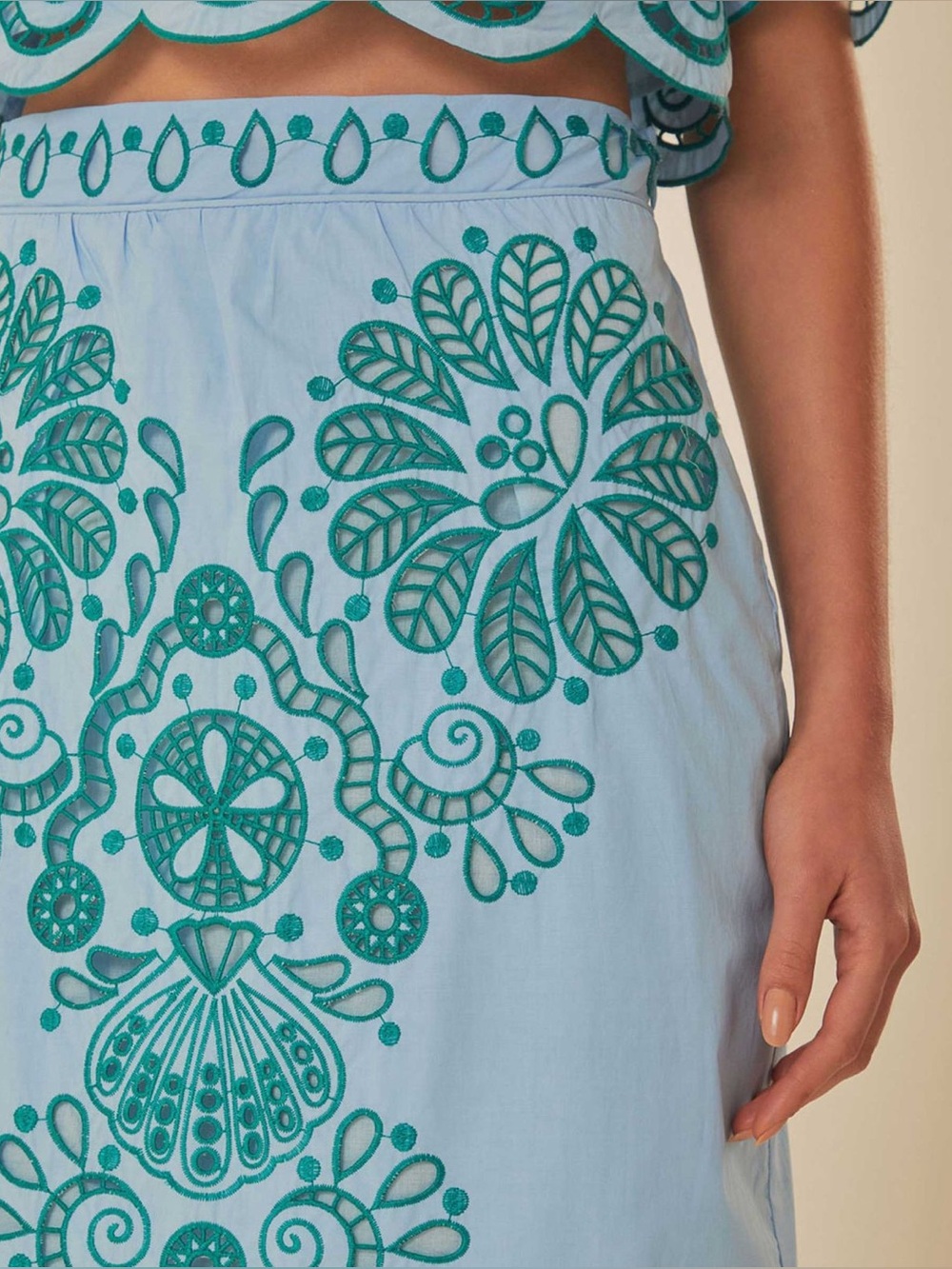 FARM Rio 2-Piece Embroidered Richelieu Crop Top and Midi Skirt Set Blue Green - Picture 3 of 16